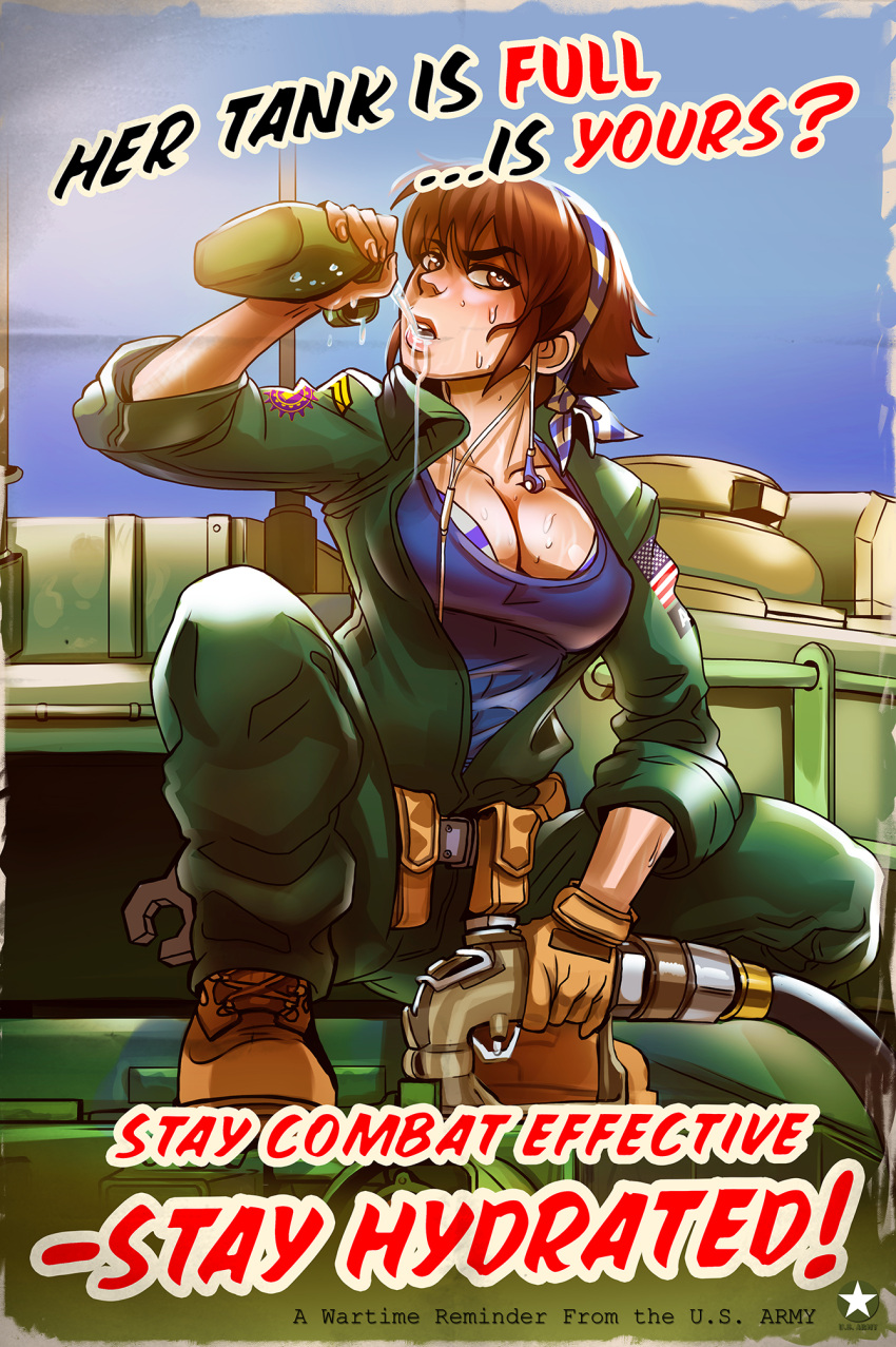 1girl andava bandanna breasts brown_eyes brown_gloves brown_hair canteen character_request cleavage column_(comic) commentary earphones english gloves ground_vehicle highres medium_breasts military military_vehicle motor_vehicle overalls parody propaganda short_hair solo squatting strap_gap style_parody sweat sweating tank thick_eyebrows unzipped us_army water wet