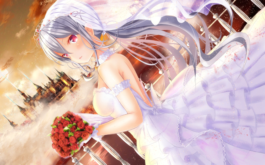 1girl bare_shoulders bouquet breasts bridal_veil castle dress dutch_angle fantasy flower girlfriend_(kari) highres holding holding_bouquet long_hair looking_at_viewer masa_(mirage77) medium_breasts pink_eyes ponytail railing silver_hair solo standing sunset tiara veil white_dress