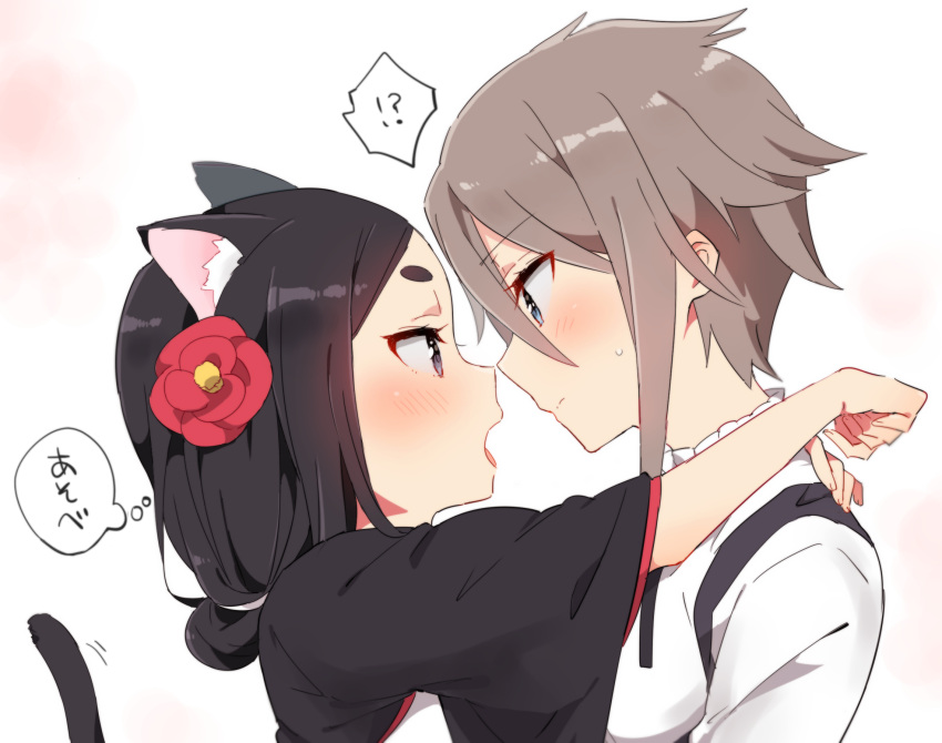 !? 2girls :o ange_(princess_principal) animal_ears bangs black_dress black_hair black_jacket blue_eyes blush brown_hair cat_ears cat_girl cat_tail dress eyebrows_visible_through_hair flower hair_between_eyes hair_bun hair_flower hair_ornament highres jacket kemonomimi_mode long_sleeves merry_(168cm) multiple_girls open_mouth parted_bangs princess_principal profile red_flower school_uniform shirt spoken_interrobang tail thick_eyebrows toudou_chise translation_request white_background white_shirt wide_sleeves yuri