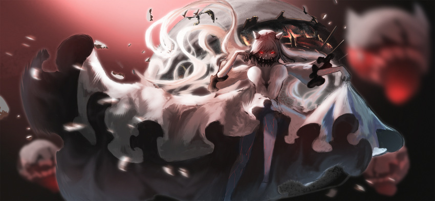 1girl bangs blurry breasts cannon cleavage covered_mouth depth_of_field dress dress_lift face_mask floating_hair glowing glowing_eyes hand_up highres horns kantai_collection large_breasts leg_up long_hair looking_at_viewer machinery mask midway_hime moni pale_skin red_eyes rigging serious shinkaisei-kan sidelocks solo thighs veins very_long_hair white_dress white_hair white_skin wind wind_lift