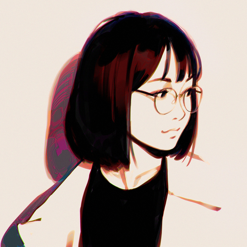 1girl black_eyes black_hair close-up closed_mouth glasses ilya_kuvshinov jacket looking_to_the_side original short_hair simple_background smile solo