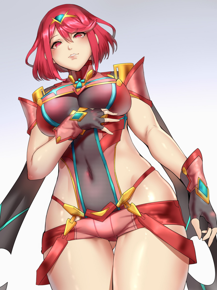 1girl absurdres blush breasts covered_navel fingerless_gloves from_below gloves hair_ornament highres hips pyra_(xenoblade) jewelry kumiko_shiba large_breasts looking_down red_eyes redhead revealing_clothes shiny shiny_skin short_hair short_shorts shorts sidelocks simple_background solo tiara xenoblade_2