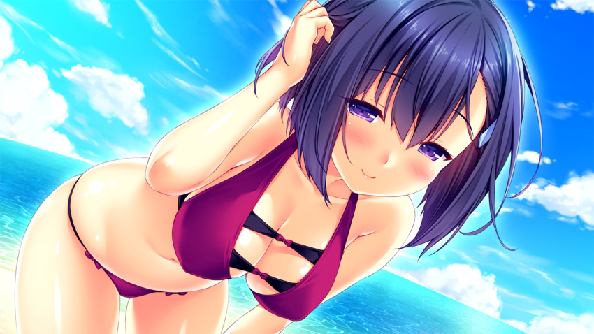 1girl bangs bare_arms bare_shoulders beach bikini blue_sky blush bow bow_bikini breasts cleavage closed_mouth clouds cloudy_sky collarbone cowboy_shot day erika_(tropical_liquor) eyebrows_visible_through_hair eyelashes fingernails game_cg hair_between_eyes hair_tousle hand_in_hair hand_on_own_knee hand_up horizon large_breasts leaning_forward legs_apart long_fingernails looking_at_viewer ocean outdoors purple_bikini purple_bow purple_hair sayori shiny shiny_skin short_hair skindentation sky smile solo standing string_bikini swimsuit tropical_liquor violet_eyes water