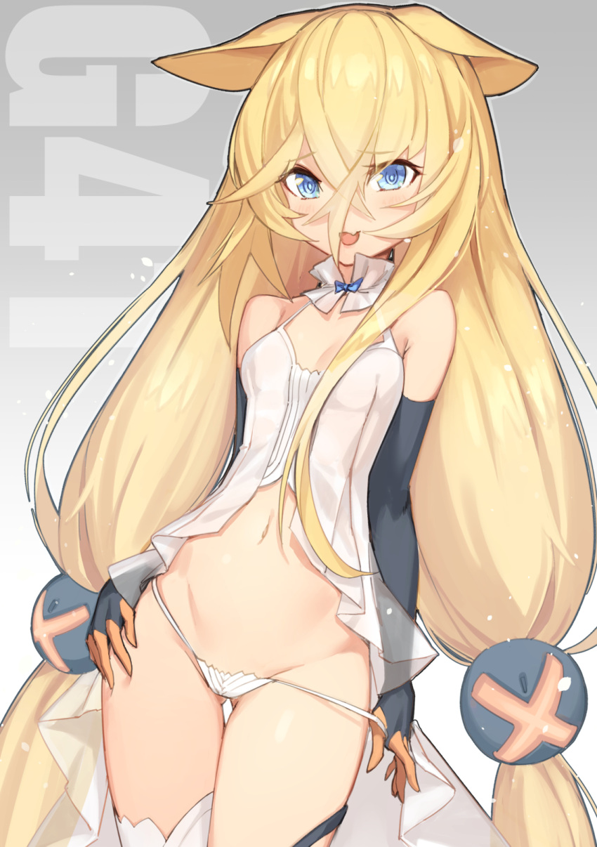 1girl animal_ears bangs bare_shoulders black_gloves blonde_hair blue_eyes blush breasts character_name choker crossed_bangs dress elbow_gloves eyebrows_visible_through_hair fang g41_(girls_frontline) girls_frontline gloves groin hair_between_eyes heterochromia highres long_hair looking_at_viewer navel open_mouth panties panty_tug red_eyes short_dress sidelocks small_breasts smile solo thigh-highs thighs twintails underwear very_long_hair white_legwear white_panties yellowpaint.