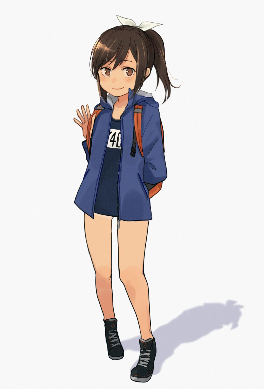 1girl anchor_symbol annin_musou backpack bag black_footwear blue_jacket brown_eyes brown_hair full_body hair_ornament hair_ribbon highres i-401_(kantai_collection) jacket kantai_collection name_tag open_clothes open_jacket ponytail ribbon shadow shoes simple_background sneakers solo standing swimsuit swimsuit_under_clothes tan tanline waving white_background white_ribbon