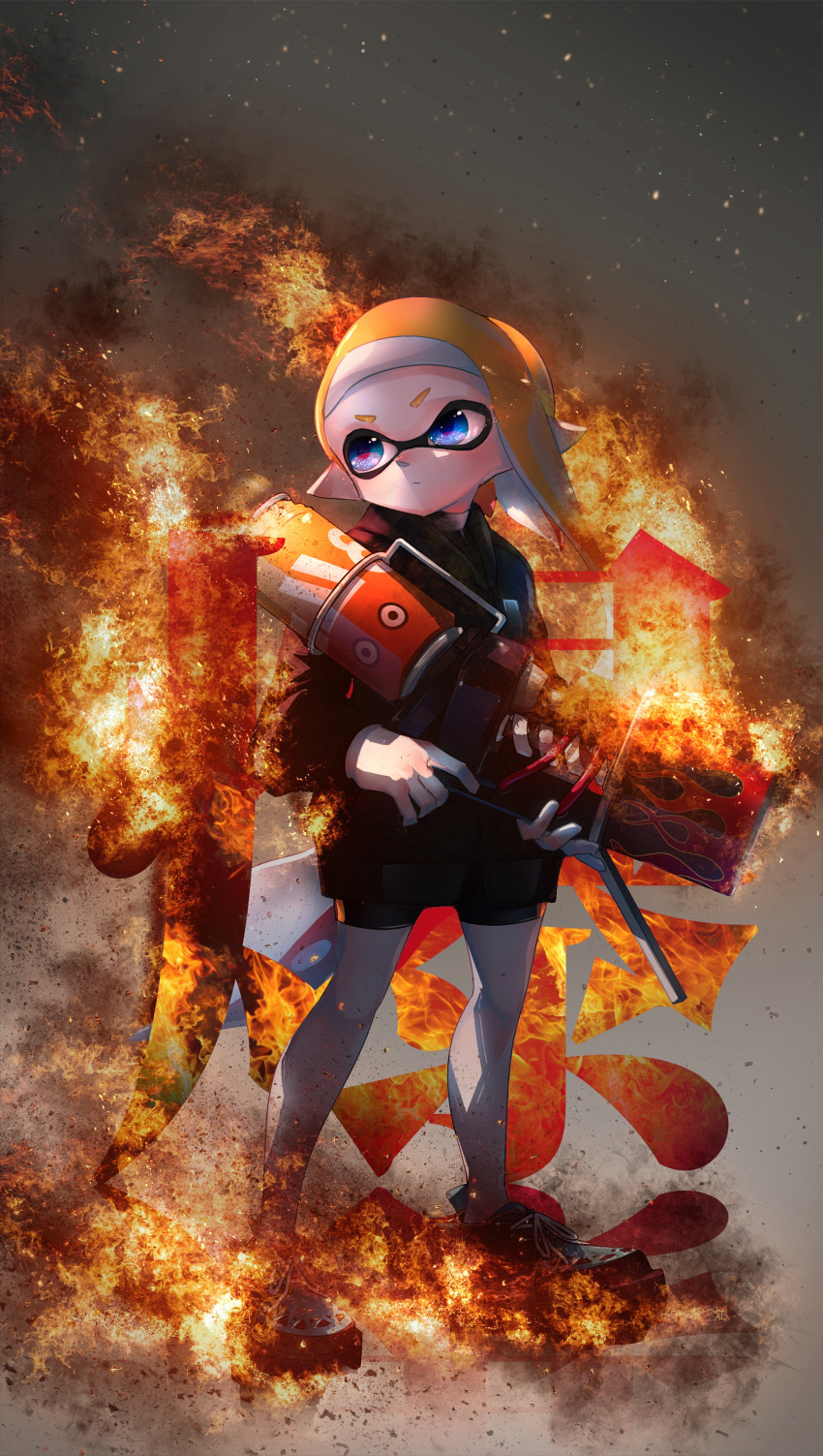 1girl absurdres bike_shorts black_footwear black_jacket black_shorts blaster_(splatoon) blue_eyes closed_mouth commentary_request domino_mask finger_on_trigger fire full_body grey_background gun highres holding holding_gun holding_weapon inkling jacket kashu_(hizake) laces long_hair long_sleeves looking_away looking_to_the_side mask monster_girl orange_hair pointy_ears serious shoes short_eyebrows shorts single_vertical_stripe sneakers solo sparks splatoon splatoon_2 standing tentacle_hair translation_request two-handed v-shaped_eyebrows weapon