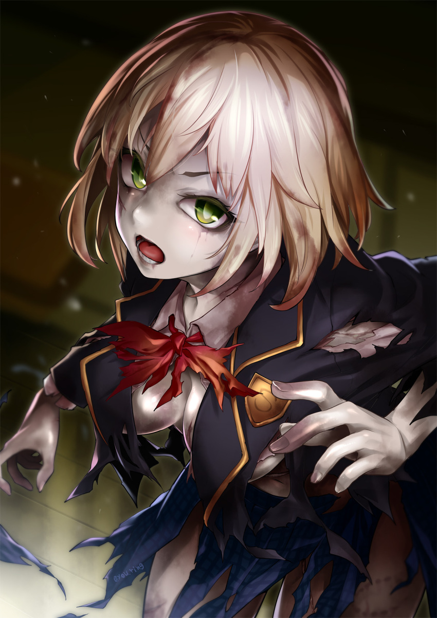 &gt;:o 1girl bangs bite_mark blonde_hair blood bloody_hair blue_jacket blue_skirt bow breasts cafe_no_zombi-ko cleavage emblem fingernails green_eyes grey_skin hair_between_eyes highres jacket kitano_tomotoshi large_breasts long_fingernails long_sleeves looking_at_viewer navel no_bra open_mouth outstretched_arms plaid plaid_skirt red_bow school_uniform scratches shirt skirt teeth torn_bow torn_clothes torn_jacket torn_shirt torn_skirt virtual_youtuber white_shirt zombi-ko_channel zombie zombie_pose