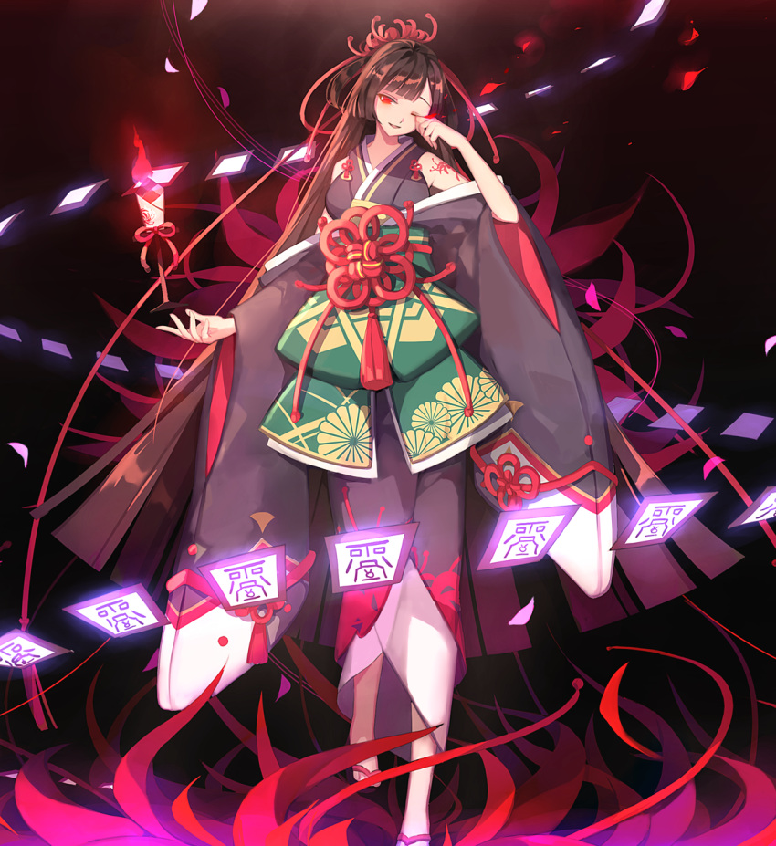 ayatoki-1 bare_shoulders black_hair character_request copyright_request flower full_body hair_flower hair_ornament highres japanese_clothes long_hair looking_at_viewer one_eye_closed onmyouji red_eyes spider_lily very_long_hair