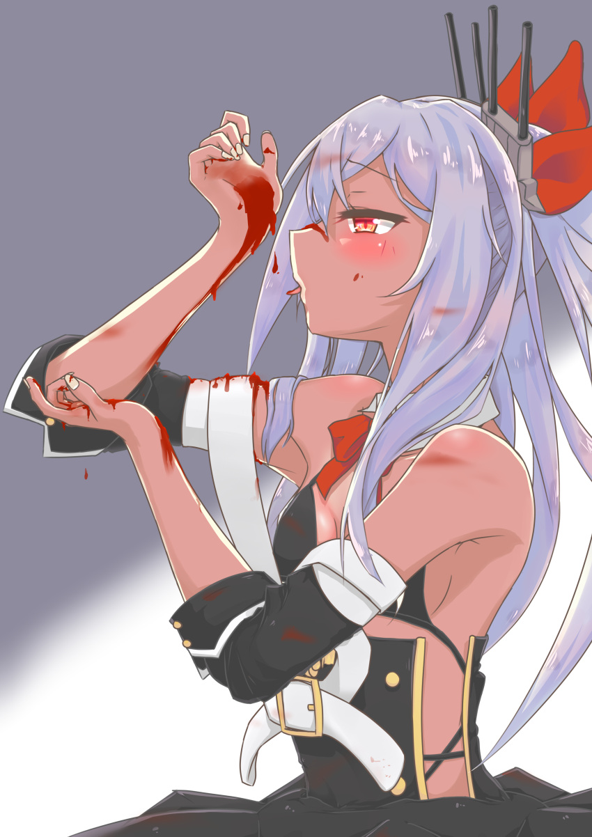 1girl absurdres azur_lane bangs bare_shoulders belt black_bra black_dress black_legwear blood blood_drip blood_on_face bloody_clothes bloody_hands blush bra breasts buckle cleavage collarbone detached_sleeves dress eyebrows_visible_through_hair hair_between_eyes hair_ornament hair_ribbon half-closed_eyes highres licking_blood long_hair red_eyes ribbon side_slit sidelocks silver_hair sleeves_folded_up small_breasts solo sukeruton thigh-highs tongue tongue_out twintails underwear vampire_(azur_lane) very_long_hair