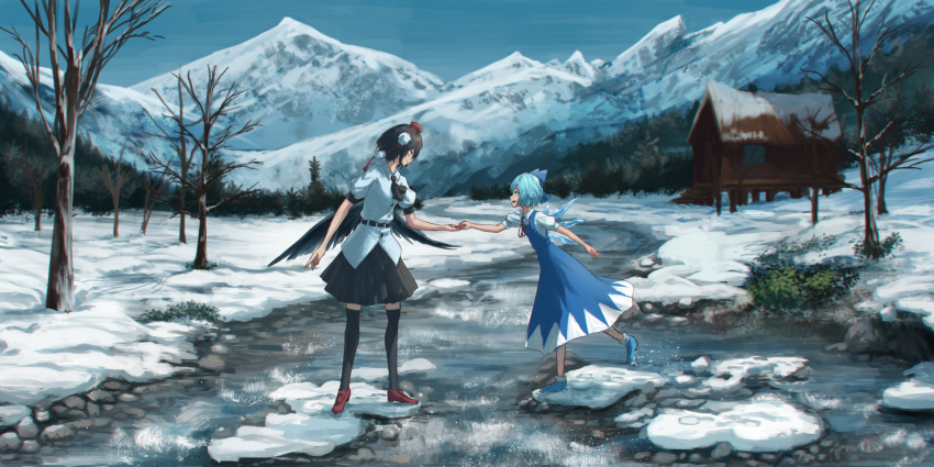 2girls black_hair black_legwear black_skirt blue_bow blue_dress blue_eyes blue_footwear blue_hair blue_sky bow cirno commentary_request day dress from_side hair_bow hand_holding hat highres house looking_at_another mountain multiple_girls outdoors pleated_skirt pom_pom_(clothes) profile puffy_short_sleeves puffy_sleeves red_eyes red_footwear roke_(taikodon) shameimaru_aya shirt shoes short_sleeves skirt sky snow standing tassel thigh-highs tokin_hat touhou white_shirt zettai_ryouiki