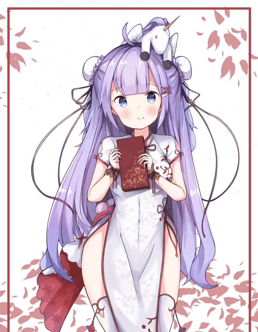 1girl absurdres ahoge azur_lane bangs black_ribbon blush box breasts bun_cover china_dress chinese_clothes closed_mouth commentary_request double_bun dress eyebrows_visible_through_hair head_tilt highres holding holding_box long_hair looking_at_viewer medium_breasts on_head pelvic_curtain purple_hair ribbon short_sleeves side_bun sidelocks smile sobmarine solo stuffed_animal stuffed_pegasus stuffed_toy stuffed_unicorn thigh-highs unicorn_(azur_lane) very_long_hair violet_eyes white_background white_dress white_legwear wrist_cuffs