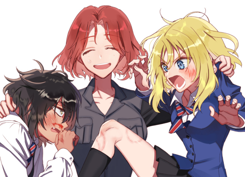 3girls andou_(girls_und_panzer) angry azumi_(girls_und_panzer) bangs bc_freedom_school_uniform bite_mark black_hair black_jacket black_skirt blonde_hair bloody_nose blue_eyes blue_neckwear blue_sweater brown_eyes brown_hair cardigan catfight closed_eyes clothes_writing commentary_request dark_skin diagonal_stripes dress_shirt eyebrows_visible_through_hair facing_viewer fang fighting girls_und_panzer jacket leg_up long_sleeves looking_at_another medium_hair messy_hair military military_uniform miniskirt multiple_girls necktie open_mouth oshida_(girls_und_panzer) parted_bangs pleated_skirt red_neckwear restrained school_uniform scratches selection_university_military_uniform shirt short_hair shouting shutou_mq simple_background skirt smile standing striped_neckwear sweatdrop sweater uniform upper_body v-shaped_eyebrows white_background white_shirt wing_collar