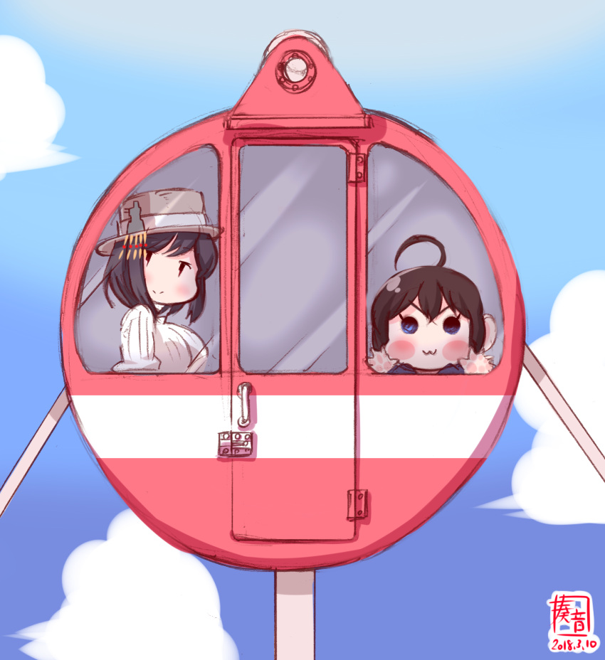 2girls :3 against_glass alternate_costume black_hair blue_eyes blue_sky blush_stickers braid clouds commentary_request ferris_wheel gradient gradient_background hair_ornament hair_over_shoulder hat highres kanon_(kurogane_knights) kantai_collection multiple_girls red_eyes riding shigure_(kantai_collection) short_hair single_braid sky smile upper_body yamashiro_(kantai_collection) younger