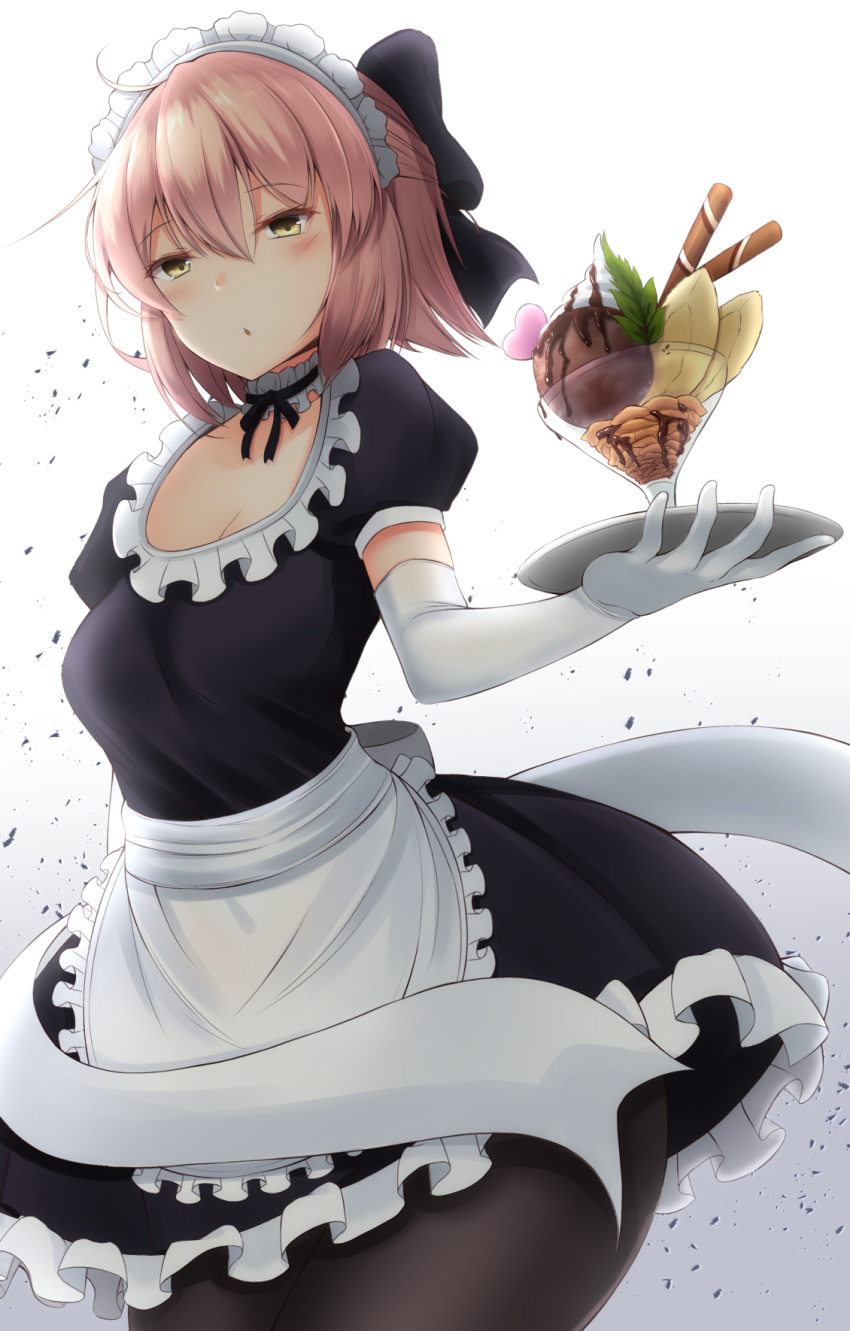 1girl alternate_costume apron black_bow black_dress black_legwear blush bow breasts cleavage commentary_request doyachii dress elbow_gloves fate/grand_order fate_(series) frilled_apron frilled_dress frills gloves hair_between_eyes hair_bow hairband highres holding holding_tray koha-ace looking_at_viewer maid maid_apron maid_headdress okita_souji_(fate) pantyhose parted_lips pink_hair puffy_short_sleeves puffy_sleeves shiny shiny_hair short_hair short_sleeves tray waitress white_gloves white_hairband yellow_eyes
