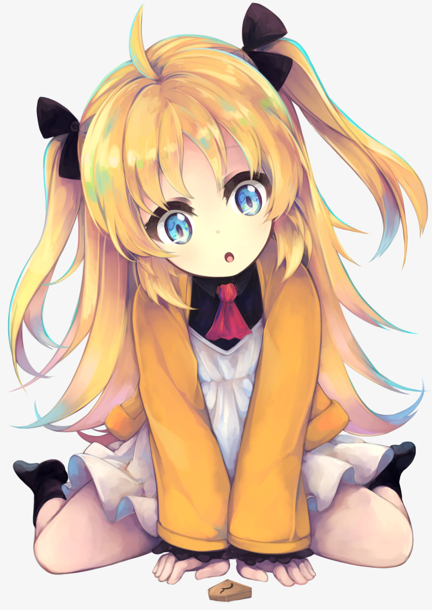 1girl :o absurdres ahoge ascot bangs black_legwear black_ribbon black_shirt blonde_hair blue_eyes board_game charlotte_izoard collared_shirt commentary_request dress eyebrows_visible_through_hair full_body grey_background hair_ribbon head_tilt highres jacket long_hair long_sleeves looking_at_viewer open_clothes open_jacket otogi_kyouka parted_lips red_neckwear ribbon ryuuou_no_oshigoto! shirt shougi simple_background sitting sleeves_past_wrists socks solo two_side_up very_long_hair wariza white_dress yellow_jacket