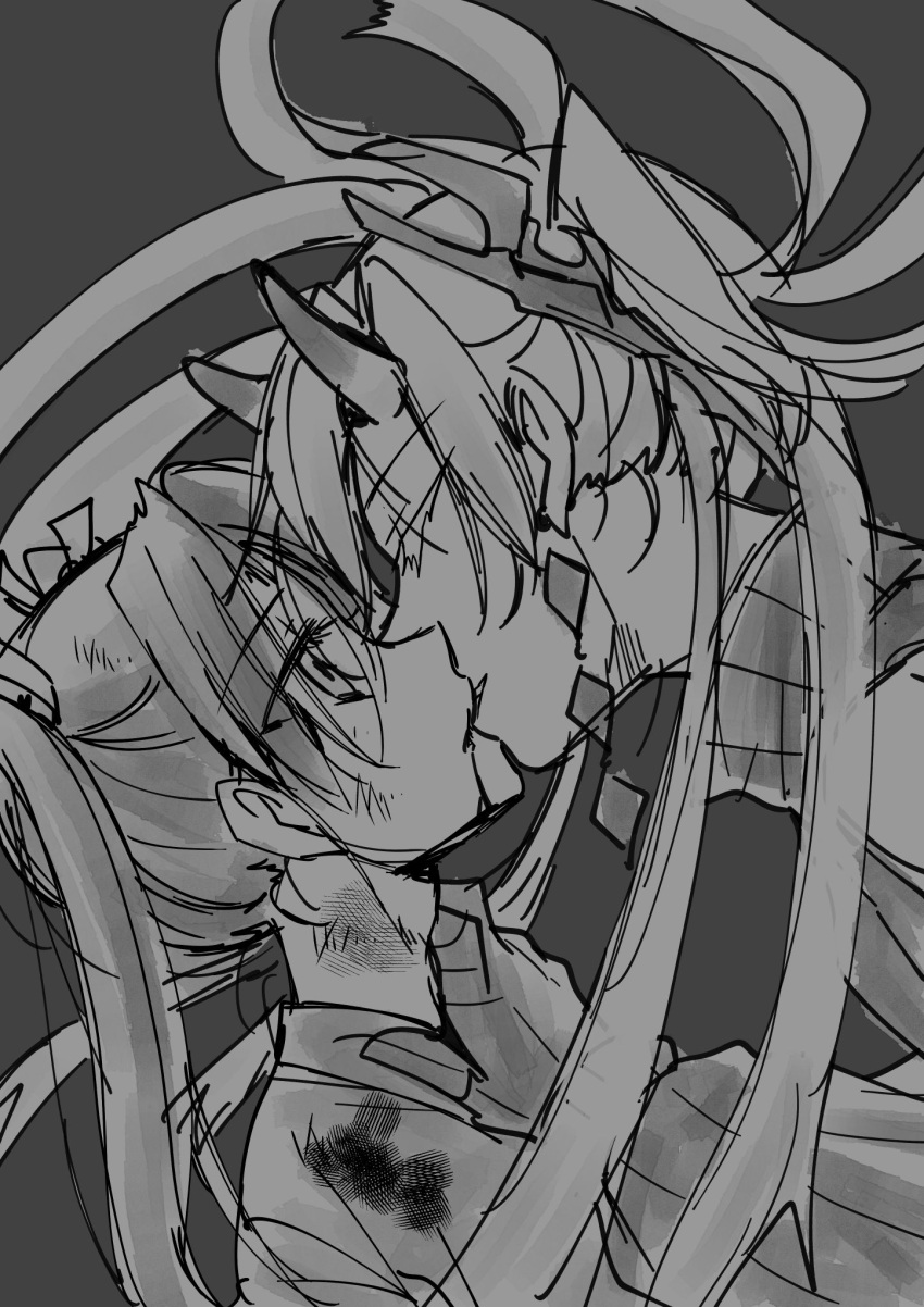 2girls abyssal_crane_hime bare_shoulders closed_eyes commentary_request detached_sleeves earrings eyebrows_visible_through_hair floating_hair from_side gloves grey_background greyscale hair_ornament hair_ribbon hand_on_another's_neck highres horns japanese_clothes jewelry kantai_collection kimono kiss long_hair monochrome multiple_girls ribbed_sweater ribbon sanpachishiki_(gyokusai-jima) shinkaisei-kan simple_background sweater sweater_vest turtleneck turtleneck_sweater twintails upper_body yuri zuikaku_(kantai_collection)