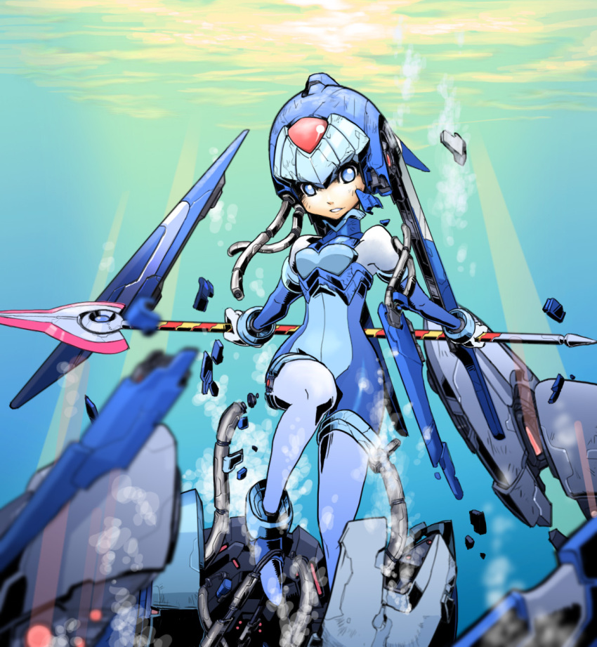 1girl alternate_costume android blue_eyes bodysuit breasts capcom gloves helmet highres holding holding_spear holding_weapon leviathan_(rockman) one_leg_raised polearm rockman rockman_zero spear underwater weapon white_gloves wide_hips wire
