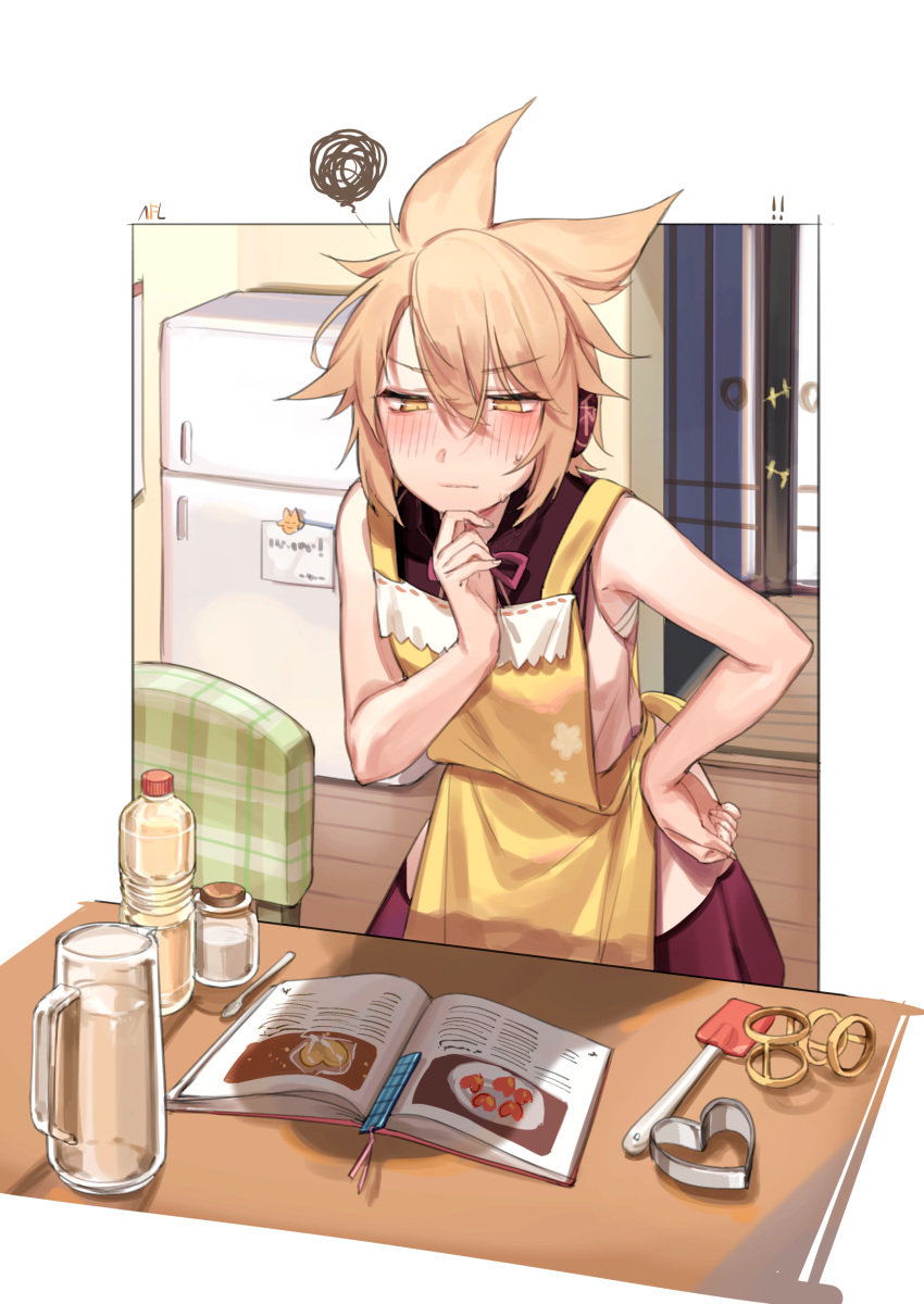 1girl absurdres apron bare_arms blonde_hair blush book bookmark bottle chair cork hair_between_eyes hand_on_hip hand_on_own_chin highres indoors jar looking_down pointy_ears purple_skirt refrigerator sarashi shan shirt simple_background skirt sleeveless sleeveless_shirt solo spatula squiggle table touhou toyosatomimi_no_miko white_background white_day wooden_floor yellow_eyes