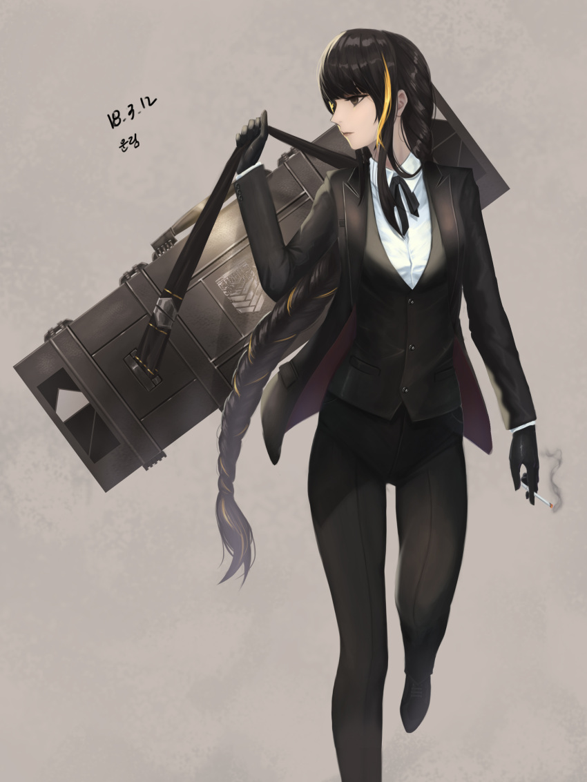 1girl absurdres alternate_costume bangs black_gloves black_hair black_pants black_ribbon braid brown_eyes brown_hair buttons cigarette collared_shirt dated dress_shirt dress_shoes eyepatch girls_frontline gloves grifon&amp;kryuger highres holding holding_cigarette holding_strap jacket long_hair long_sleeves looking_to_the_side m16a1_(girls_frontline) mid-stride mole mole_under_eye multicolored_hair neck_ribbon pants ribbon shirt shoes sidelocks signature simple_background smoke_trail solo streaked_hair walking weapon_case white_shirt
