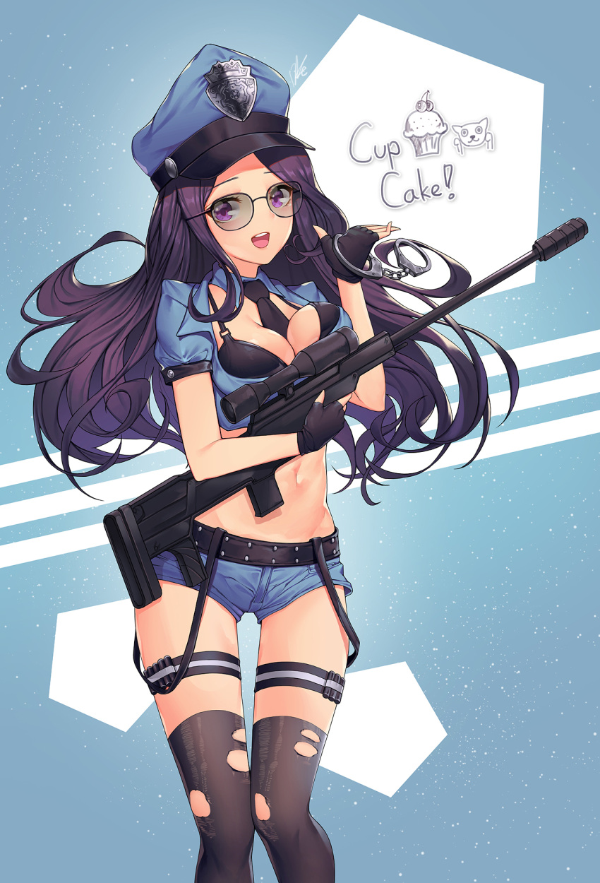 1girl :d belt between_breasts black-framed_eyewear black_bra black_gloves black_legwear black_neckwear bra breast_hold breasts caitlyn_(league_of_legends) cleavage commentary crop_top cuffs cupcake denim denim_shorts english fingerless_gloves food gloves groin gun handcuffs hat highres holding holding_gun holding_weapon league_of_legends lee_seok_ho long_hair medium_breasts midriff navel necktie officer_caitlyn open_mouth peaked_cap police police_badge police_hat police_uniform policewoman purple_hair rifle scope shirt short_shorts short_sleeves shorts signature smile sniper_rifle solo standing stomach sunglasses teeth thigh-highs thigh_strap torn_clothes torn_thighhighs underwear uniform violet_eyes weapon wing_collar