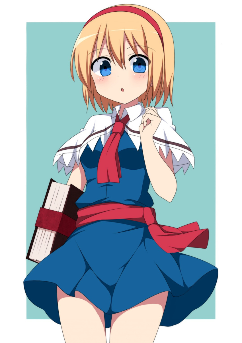 1girl alice_margatroid blonde_hair blue_dress blue_eyes blush book breasts capelet cowboy_shot dress enushi_(toho193) eyebrows_visible_through_hair hairband highres holding holding_book medium_breasts parted_lips red_hairband red_sash short_hair solo standing touhou white_capelet