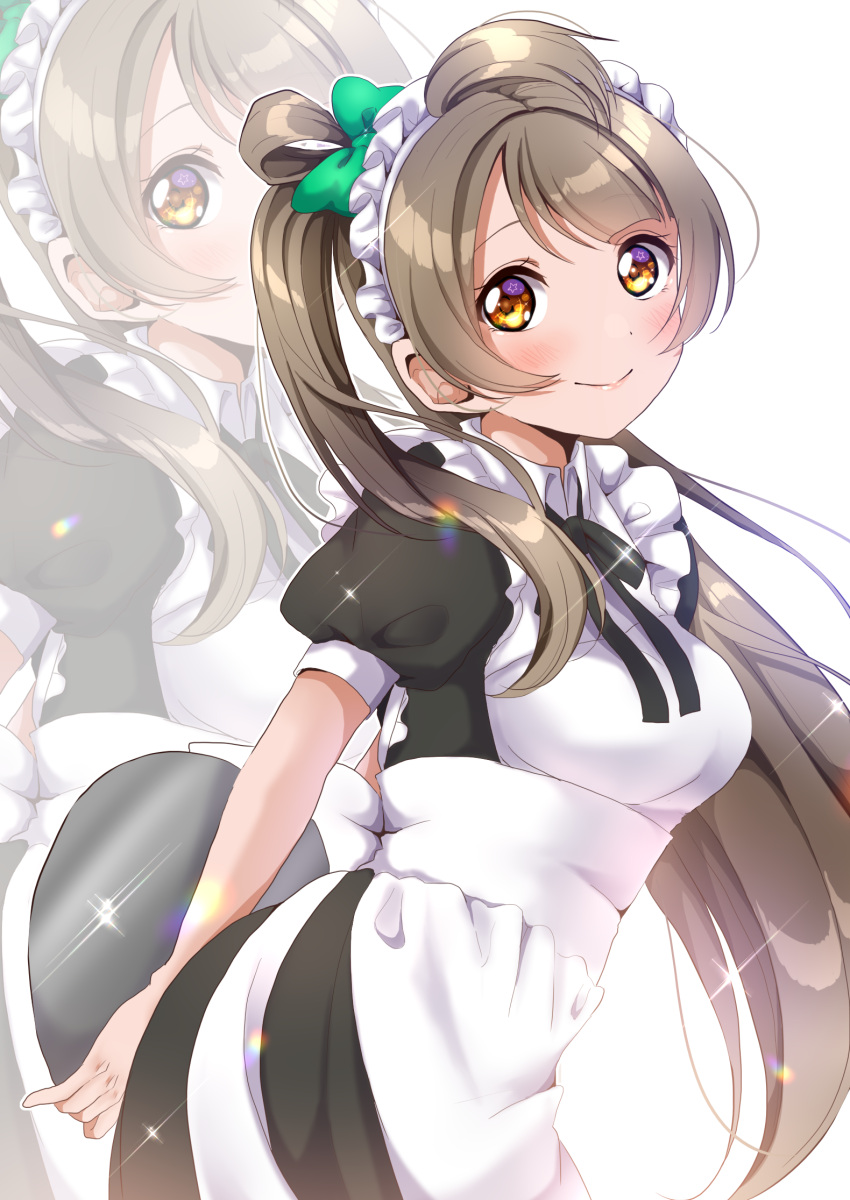 1girl :&gt; apron arms_behind_back bangs black_dress black_neckwear blush bow brown_hair commentary_request dress frilled_apron frills green_bow hair_bow hair_rings highres holding holding_tray long_hair looking_at_viewer love_live! maid maid_headdress minami_kotori necktie one_side_up panda_copt puffy_short_sleeves puffy_sleeves shiny shiny_hair short_sleeves sidelocks simple_background smile solo tray upper_body white_apron white_background yellow_eyes