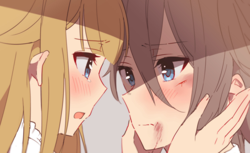 2girls ange_(princess_principal) bangs blonde_hair blue_eyes blush brown_hair bruise closed_mouth eye_contact eyebrows_visible_through_hair fingernails hair_between_eyes hair_flaps hands_on_another's_cheeks hands_on_another's_face injury long_hair looking_at_another merry_(168cm) multiple_girls open_mouth princess_(princess_principal) princess_principal tears