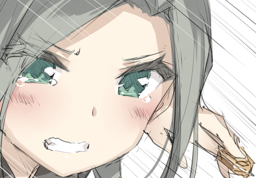 androgynous blush board_game clenched_teeth close-up copyright_request face forehead green_eyes grey_hair holding open_mouth peko shougi simple_background speed_lines tears teeth upper_body white_background