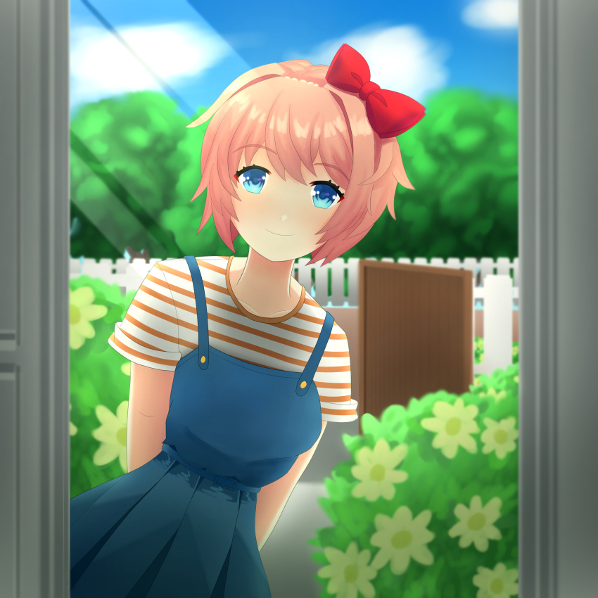 1girl absurdres arms_behind_back bangs blue_eyes blue_overalls blue_skirt bow bush buttons casual clouds collarbone doki_doki_literature_club doorway eyebrows_visible_through_hair fence flower gate hair_bow head_tilt highres light_rays littlewing1st looking_at_viewer orange_shirt outdoors overalls peeking_out picket_fence pink_hair pleated_skirt red_bow red_headwear sayori_(doki_doki_literature_club) shiny shiny_hair shirt short_hair short_sleeves skirt sky smile solo standing striped striped_shirt sunlight tree white_shirt wooden_fence yellow_flower
