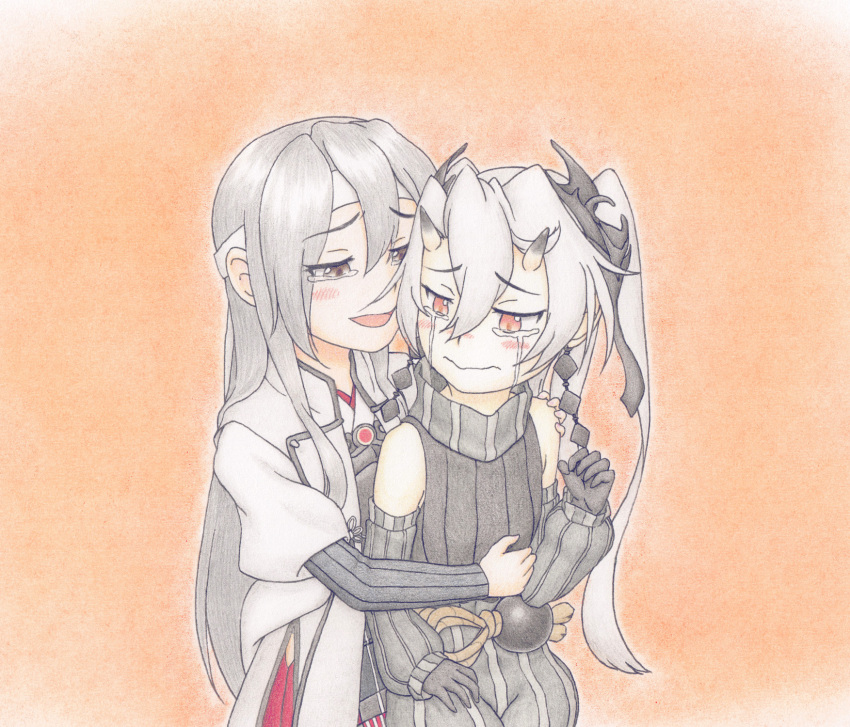 2girls abyssal_crane_hime artist_request colored_pencil_(medium) detached_sleeves green_eyes green_hair hair_between_eyes headband highres horns hug hug_from_behind japanese_clothes kantai_collection long_hair multiple_girls muneate red_eyes remodel_(kantai_collection) shinkaisei-kan simple_background tears traditional_media white_hair white_skin zuikaku_(kantai_collection)