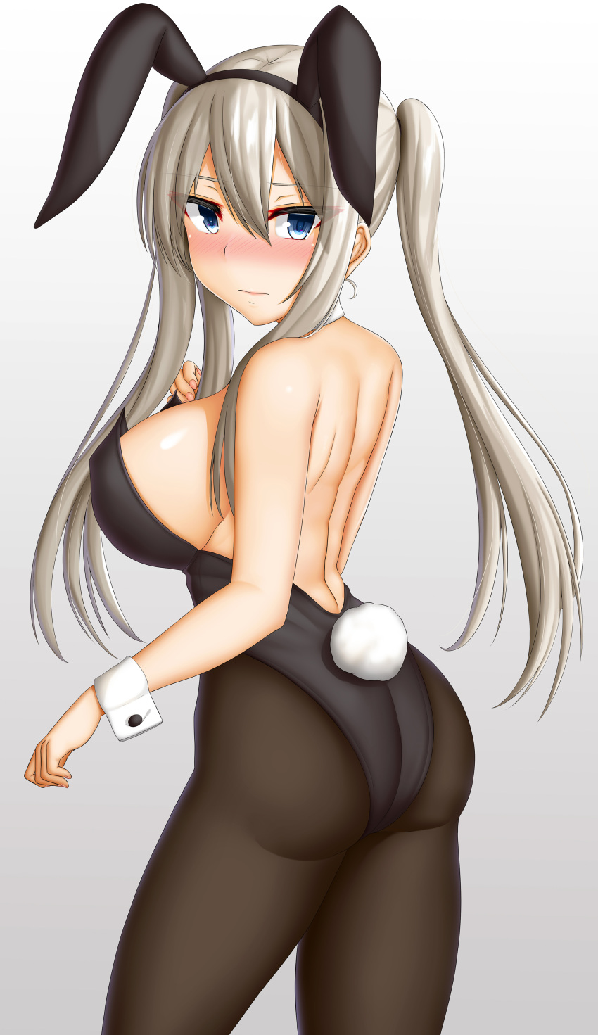 1girl absurdres abukobato animal_ears ass back black_legwear blue_eyes blush breasts bunny_girl bunny_tail bunnysuit cleavage closed_mouth detached_collar detached_sleeves embarrassed full-face_blush graf_zeppelin_(kantai_collection) highres kantai_collection large_breasts leotard long_hair looking_at_viewer looking_back pantyhose rabbit_ears silver_hair tail