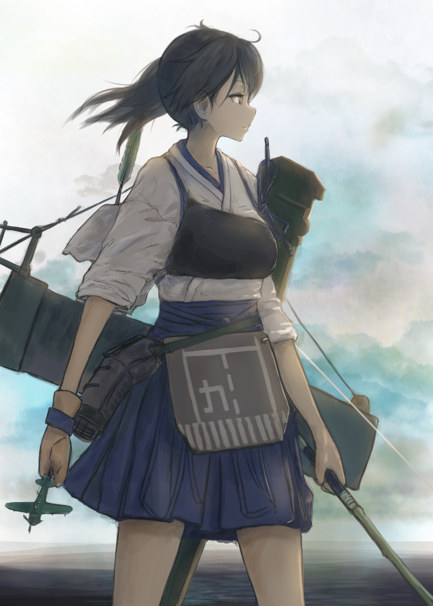 1girl aircraft airplane arrow bangs blue_hakama blue_ribbon bow_(weapon) brown_eyes brown_gloves brown_hair closed_mouth clouds cloudy_sky cowboy_shot expressionless floating_hair garter_straps gloves hakama highres holding holding_bow_(weapon) holding_weapon horizon japanese_clothes kaga_(kantai_collection) kantai_collection kimono legs_apart machinery muneate nito_(nshtntr) ocean outdoors ribbon short_hair sidelocks single_glove sky solo standing tasuki water weapon white_kimono wind