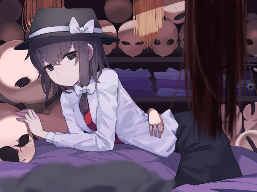 1girl black_hat black_skirt bow brown_eyes brown_hair collared_shirt expressionless hair_between_eyes hair_bow hand_on_back hat hat_bow long_sleeves looking_at_viewer lying medium_hair necktie on_stomach puppet red_neckwear shirt skirt solo symbol-shaped_pupils touhou usami_renko usuaji white_bow white_shirt