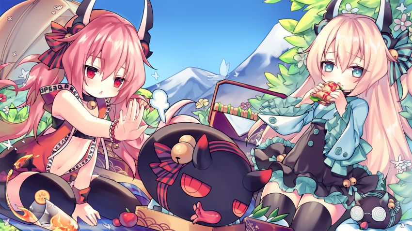 2girls alternate_costume azur_lane bell blonde_hair blue_eyes eating food hair_ribbon hamakaze_(azur_lane) highres horns mountain multiple_girls navel picnic_basket pink_hair red_eyes ribbon scenery seiza sitting tanikaze_(azur_lane) thigh-highs utm