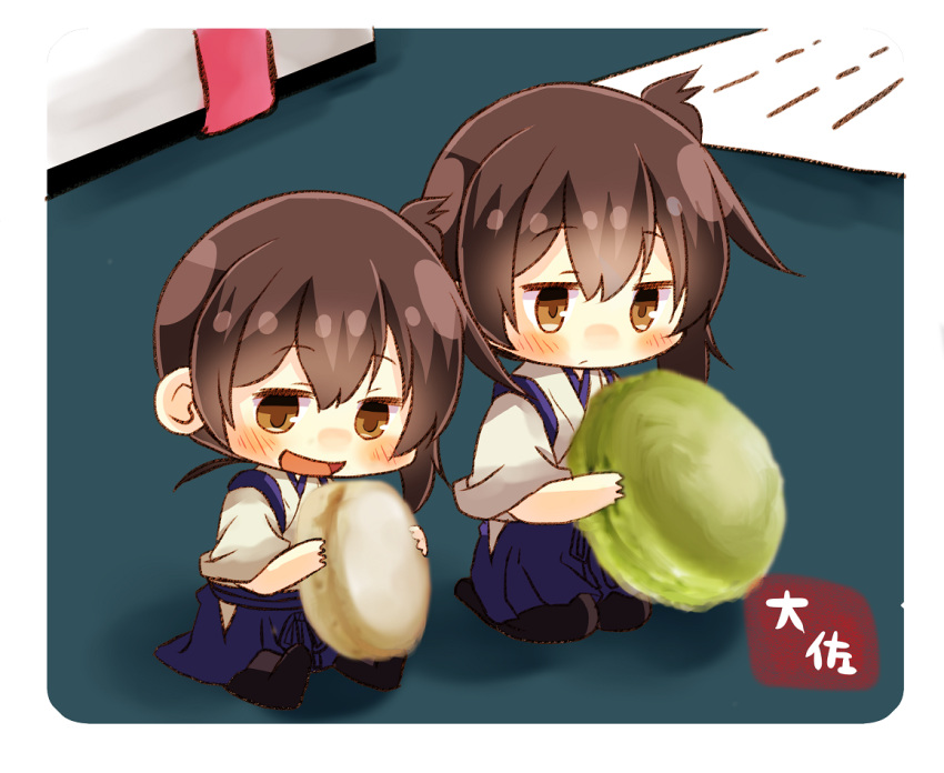 2girls :d artist_name black_legwear blue_hakama blush brown_eyes brown_hair commentary_request dual_persona food hair_between_eyes hakama hakama_skirt holding holding_food japanese_clothes kaga_(kantai_collection) kantai_collection minigirl multiple_girls open_mouth short_hair short_sleeves side_ponytail smile taisa_(kari) tasuki thigh-highs