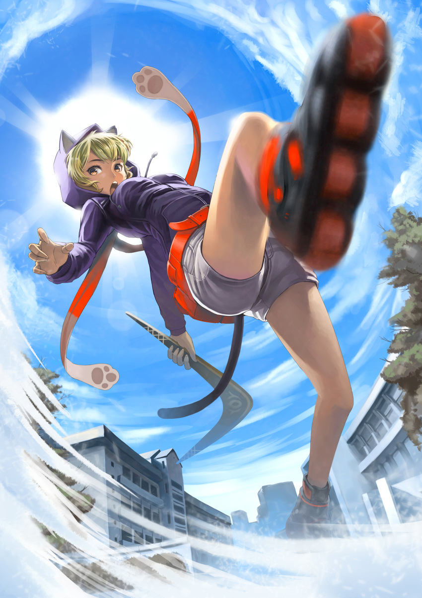 1girl absurdres animal_ears blue_hoodie blue_sky boomerang building cat_tail falling from_below green_eyes green_hair highres holding hood hood_up hoodie jchoy open_mouth original paw_print red_belt roller_skates scarf short_hair shorts skates sky sun tail tree white_shorts