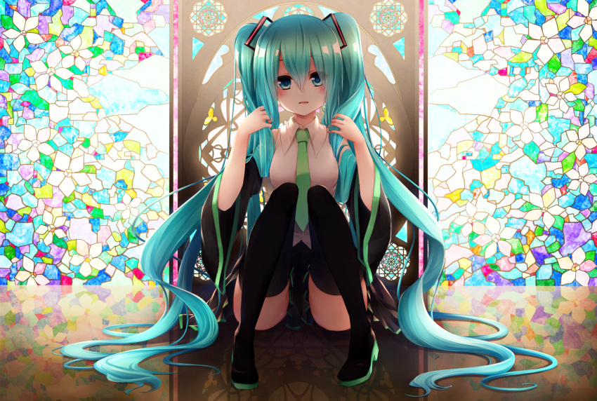 1girl bangs bare_shoulders black_footwear black_legwear black_skirt blue_eyes blue_hair blush boots breasts collared_shirt commentary_request detached_sleeves different_reflection eyebrows_visible_through_hair green_neckwear hair_between_eyes hair_ornament hatsune_miku head_tilt highres hot_kakigoori long_hair long_sleeves looking_at_viewer medium_breasts necktie parted_lips pleated_skirt reflection shirt sidelocks sitting skirt sleeveless sleeveless_shirt solo stained_glass thigh-highs thigh_boots twintails very_long_hair vocaloid white_shirt wide_sleeves