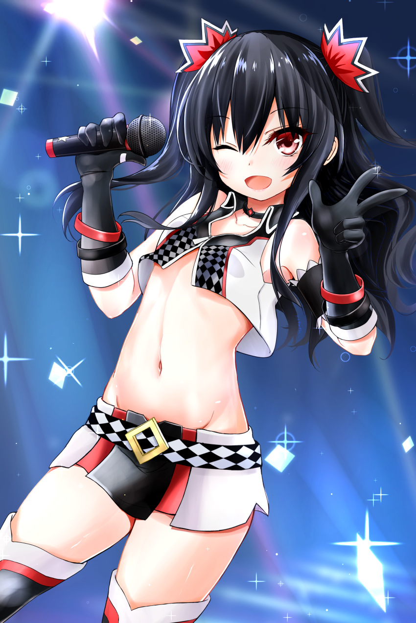 1girl ;d absurdres bare_shoulders black_gloves black_hair bracelet choker collarbone commentary_request cowboy_shot crop_top ex_idol gloves groin hair_between_eyes hair_ribbon highres holding holding_microphone idol jewelry long_hair looking_at_viewer microphone midriff miniskirt multicolored multicolored_clothes multicolored_skirt navel neptune_(series) one_eye_closed open_mouth red_eyes red_ribbon ribbon skirt smile solo spotlight star starry_background stomach thigh-highs two_side_up uni_(choujigen_game_neptune) w