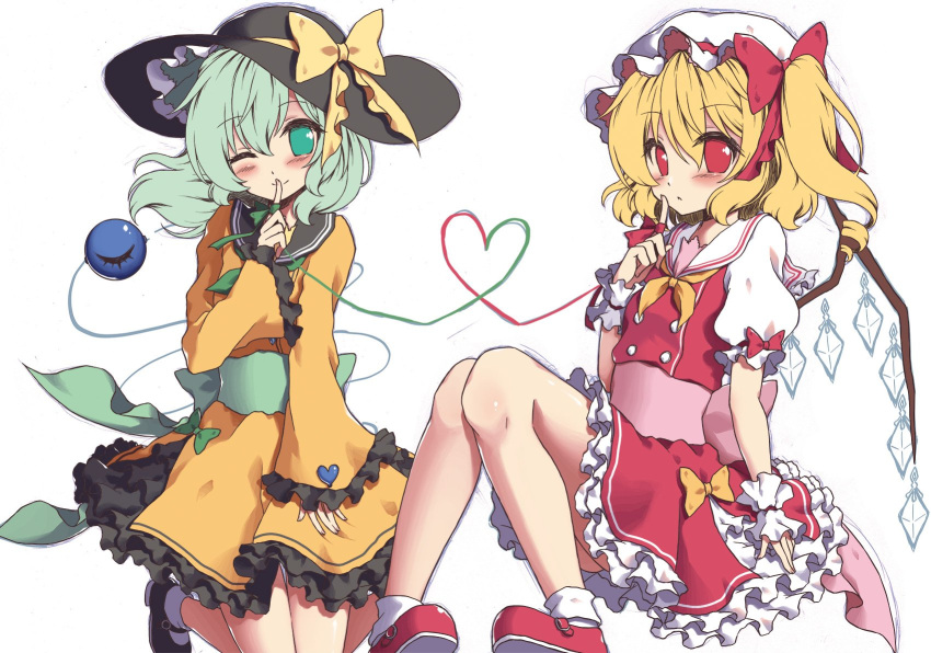 2girls beni_kurage black_footwear blonde_hair blush bow commentary_request finger_to_mouth flandre_scarlet frills green_eyes green_hair green_sash hair_bow hat hat_bow heart heart_of_string highres komeiji_koishi long_sleeves looking_at_viewer mary_janes mob_cap multiple_girls one_eye_closed petticoat pink_sash puffy_short_sleeves puffy_sleeves red_bow red_eyes red_footwear sailor_collar shirt shoes short_hair short_sleeves side_ponytail simple_background sitting socks third_eye touhou white_background white_legwear wide_sleeves wrist_cuffs yellow_bow yellow_neckwear yellow_shirt