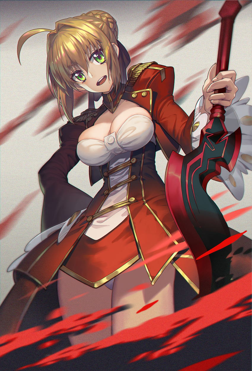 1girl aestus_estus ahoge blonde_hair braid breasts cleavage double-breasted dress epaulettes fate/extra fate/grand_order fate_(series) french_braid frilled_sleeves frills green_eyes grey_background hair_bun hair_ribbon highres holding holding_sword holding_weapon long_sleeves looking_at_viewer maddy medium_breasts nero_claudius_(fate) nero_claudius_(fate)_(all) open_mouth panties pantyshot petals puffy_long_sleeves puffy_sleeves red_dress red_petals red_ribbon ribbon rose_petals sword teeth underwear weapon white_panties wide_sleeves