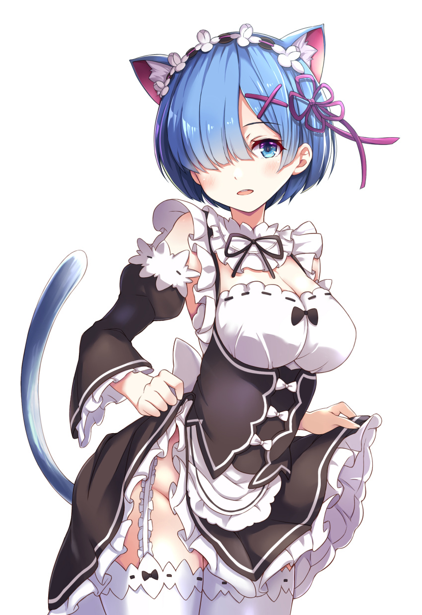 1girl absurdres animal_ears apron blue_eyes blue_hair blush bow breasts cat_ears cat_tail cleavage cleavage_cutout detached_sleeves dress dress_lift frills garter_straps hair_ornament hair_over_one_eye hair_ribbon highres kemonomimi_mode large_breasts lifted_by_self looking_at_viewer maid maid_headdress no_panties open_mouth re:zero_kara_hajimeru_isekai_seikatsu rem_(re:zero) ribbon short_hair simple_background solo tail taka-kun thigh-highs waist_apron white_background white_bow white_legwear x_hair_ornament