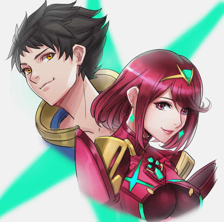 1boy 1girl artist_request black_hair bodysuit brown_hair gloves hair_ornament highres pyra_(xenoblade) looking_at_viewer nintendo red_eyes redhead rex_(xenoblade_2) short_hair simple_background smile xenoblade xenoblade_2 yellow_eyes