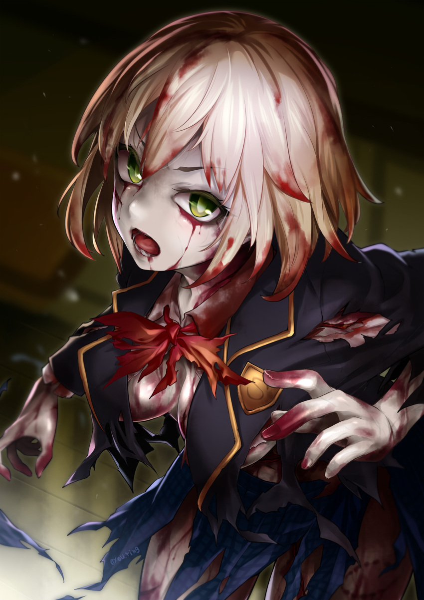 &gt;:o 1girl bangs bite_mark blonde_hair blood blood_from_mouth blood_on_face bloody_clothes bloody_hair bloody_hands bloody_tears blue_jacket blue_skirt bow breasts cafe_no_zombi-ko cleavage emblem fingernails green_eyes grey_skin hair_between_eyes highres jacket kitano_tomotoshi large_breasts long_fingernails long_sleeves looking_at_viewer navel no_bra open_mouth outstretched_arms plaid plaid_skirt red_bow school_uniform scratches shirt skirt teeth torn_bow torn_clothes torn_jacket torn_shirt torn_skirt virtual_youtuber white_shirt zombi-ko_channel zombie zombie_pose