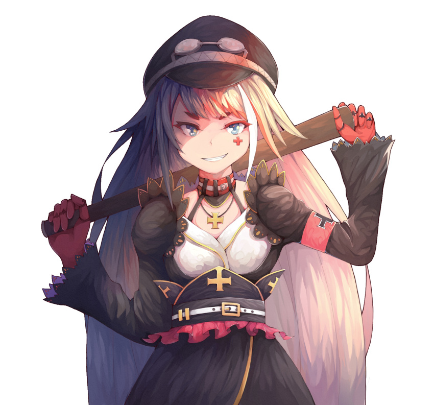 1girl armband azur_lane bangs belt black_hair black_hat blue_eyes breasts buckle choker cross cross_necklace deutschland_(azur_lane) eyebrows_visible_through_hair gloves goggles hat highres holding holding_weapon iron_cross jewelry long_hair long_sleeves looking_at_viewer messy_hair multicolored_hair necklace parted_lips peaked_cap redhead sidelocks silver_hair smile smirk solo streaked_hair thick_eyebrows very_long_hair weapon wide_sleeves yang_zheng_yu