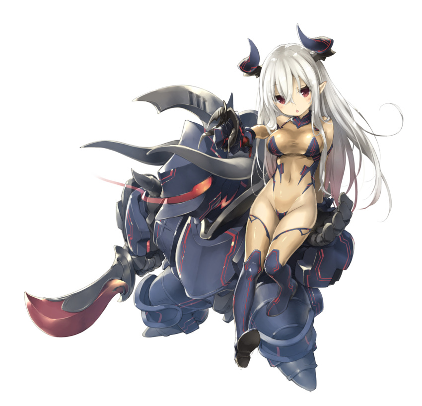 1girl arm_support boots breasts colo_mag-chan colossus_(granblue_fantasy) commentary_request covered_navel elbow_gloves full_body gloves granblue_fantasy hair_between_eyes hand_puppet highleg highleg_leotard highres horns knees_together_feet_apart large_breasts leotard long_hair multicolored_hair open_mouth peko pink_hair pointy_ears puppet red_eyes sidelocks silver_hair simple_background sitting solo taut_leotard thigh-highs thigh_boots two-tone_hair very_long_hair white_background