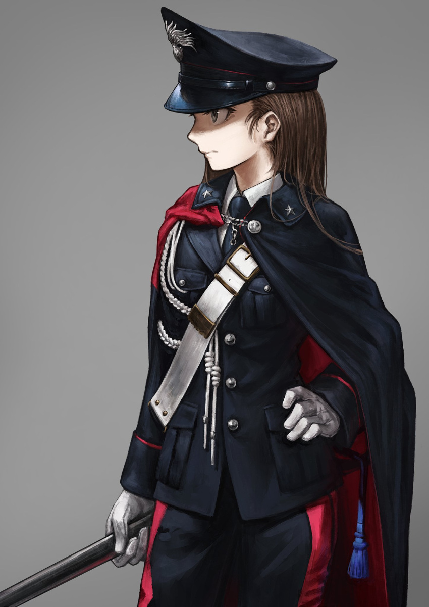 1girl aiguillette belt black_cape black_jacket black_neckwear black_pants brown_eyes brown_hair cape carabinieri closed_mouth commentary cowboy_shot double_vertical_stripe dress_shirt gloves grey_background hand_on_hip hand_on_sword hat highres jacket lain long_hair long_sleeves looking_to_the_side necktie original pants peaked_cap police police_hat police_uniform sam_browne_belt scabbard sheath shirt simple_background solo standing star sword uniform weapon white_gloves white_shirt wing_collar