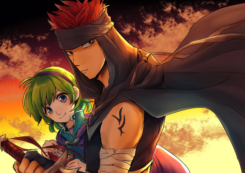 1boy 1girl bandage blue_eyes blush cape couple fire_emblem fire_emblem:_rekka_no_ken gloves green_hair hairband hetero highres hoshigaki_(hsa16g) jaffar_(fire_emblem) nino_(fire_emblem) red_eyes redhead short_hair smile