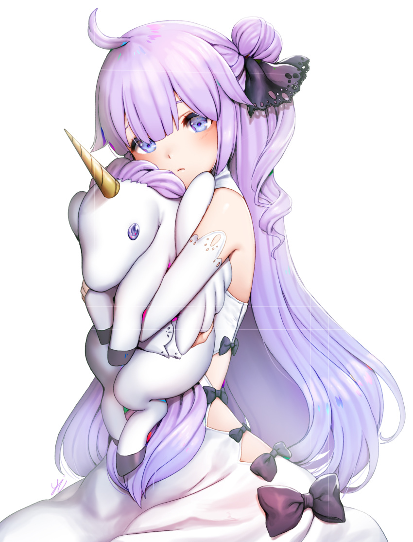 1girl absurdres ahoge azur_lane black_bow black_ribbon bow doll_hug dress elbow_gloves flush frown gloves hair_bun highres long_hair looking_at_viewer object_hug purple_hair ribbon side_bun side_cutout signature simple_background sitting solo stuffed_animal stuffed_toy stuffed_unicorn unicorn unicorn_(azur_lane) very_long_hair violet_eyes white_background white_dress white_legwear y.i._(lave2217)