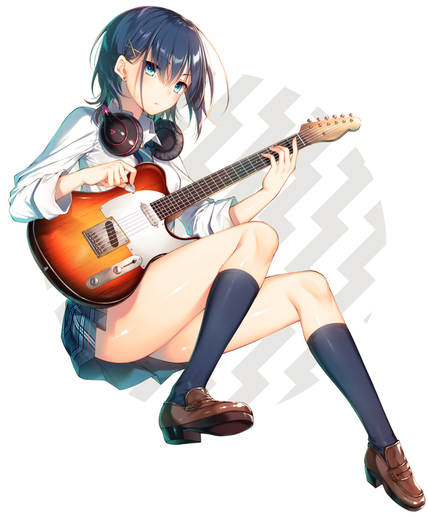 1girl black_legwear blue_eyes blue_hair blush dress_shirt earrings electric_guitar full_body guitar hair_ornament hairclip headphones headphones_around_neck highres instrument jewelry kneehighs loafers long_sleeves looking_at_viewer necktie original plaid plaid_skirt plectrum school_uniform shirt shoes short_hair simple_background skirt solo striped_neckwear toosaka_asagi white_background white_shirt x_hair_ornament