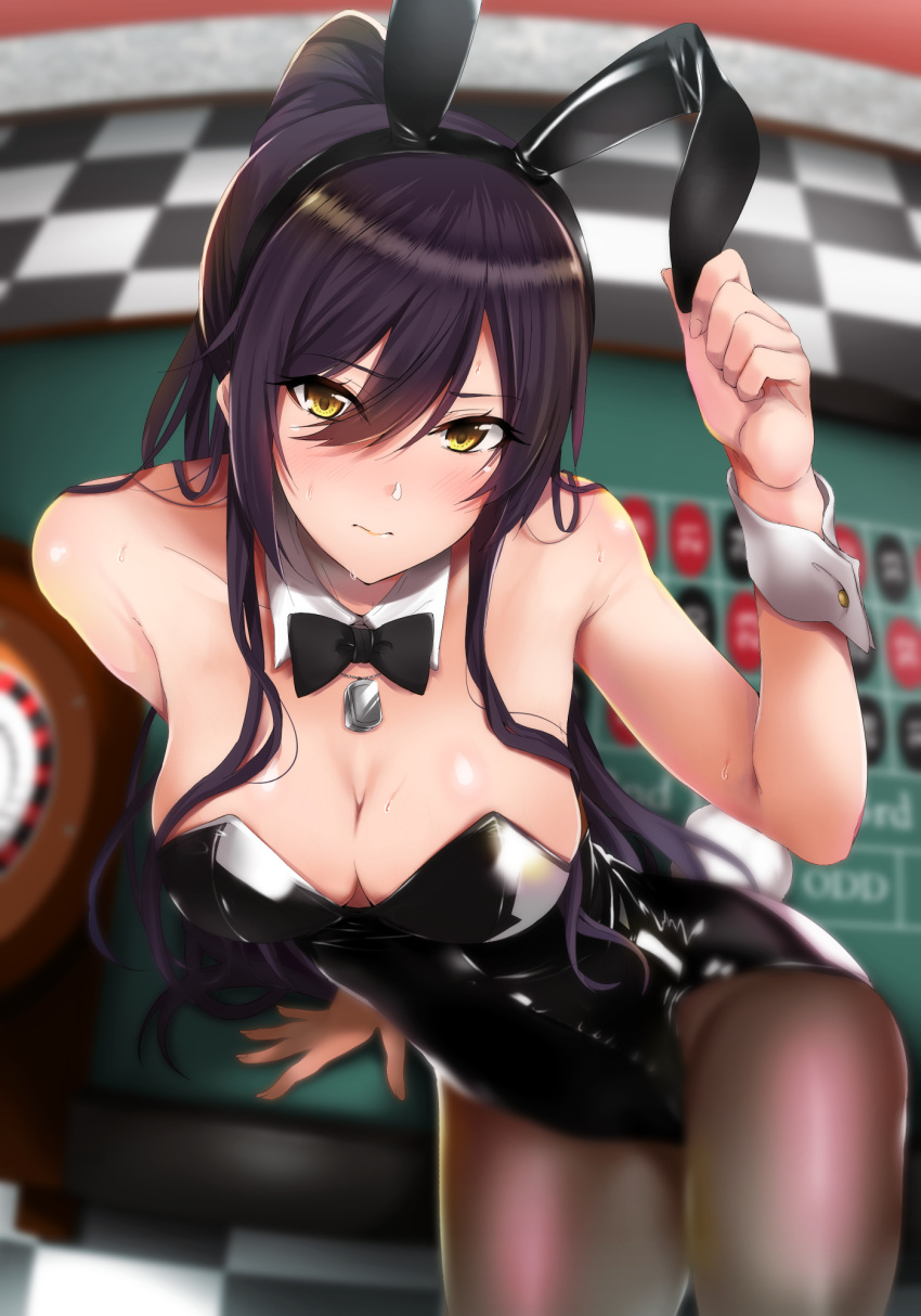1girl amekasaikuta animal_ears bare_shoulders black_bow black_hair black_hairband black_neckwear blurry blurry_background bow bowtie breasts bunnysuit casino cleavage commentary_request detached_collar dog_tail eyebrows_visible_through_hair eyes_visible_through_hair fake_animal_ears hair_between_eyes hairband hand_up highres idolmaster idolmaster_shiny_colors leaning_forward long_hair looking_at_viewer medium_breasts pantyhose ponytail rabbit_ears shirase_sakuya solo sweat tail wrist_cuffs yellow_eyes